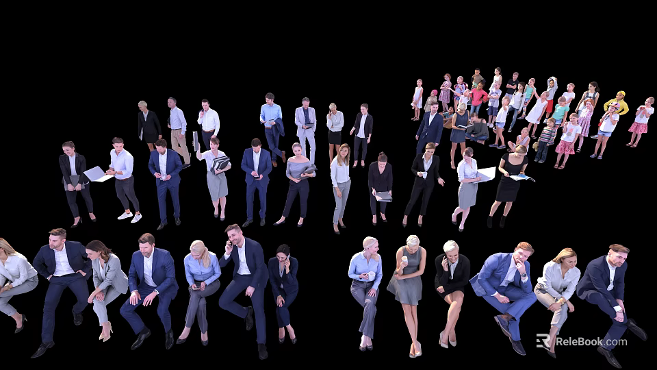 Diverse Group of People in Various Poses and Professional Attire on Black Background 3d model 