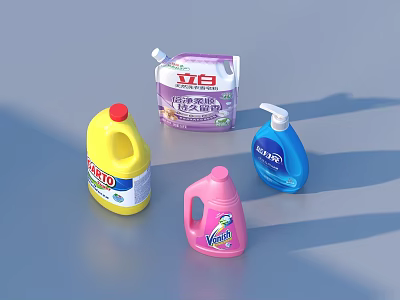 Household Cleaning Products Including Liquid Detergents Soap Bottles And Powder Packs 3d model