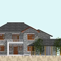 Modern Chinese Style Detached Villa With Gray Stone Walls Black Roof And Wooden Pergola