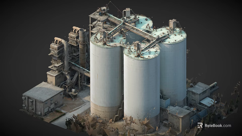 Aerial View of Industrial Plant Featuring Large Silos and Surrounding Facilities 3d model 