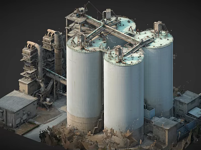 Aerial View of Industrial Plant Featuring Large Silos and Surrounding Facilities 3d model