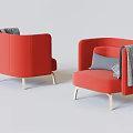 Stylish Red Single Sofa with Gray Blanket Cushion and Light Wooden Legs 3d model