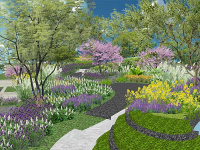 Vibrant Garden Shrubs With Colorful Flowers Winding Path Lush Trees And Green Lawn 3d model