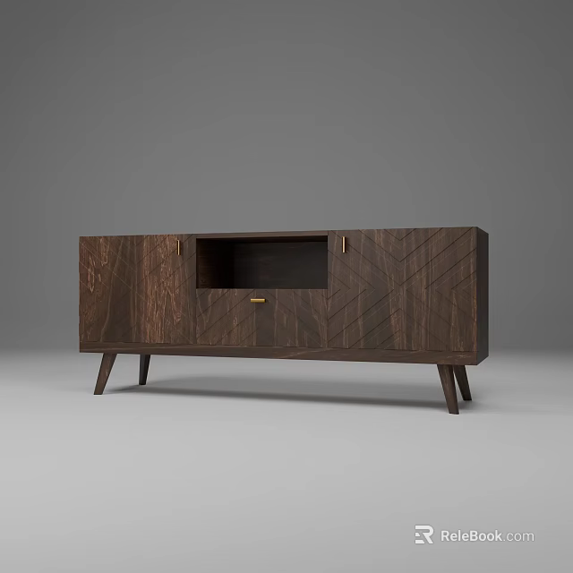 Dark Wooden TV Stand With Chevron Pattern Metal Handles And Open Compartment 3d model 