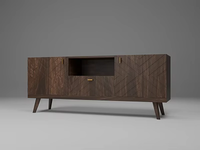 Dark Wooden TV Stand With Chevron Pattern Metal Handles And Open Compartment 3d model