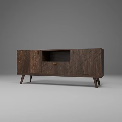 Dark Wooden TV Stand With Chevron Pattern Metal Handles And Open Compartment 3d model