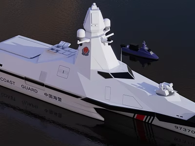 White Chinese Coast Guard Yacht With Small Boat And Number 31301 On Water 3d model