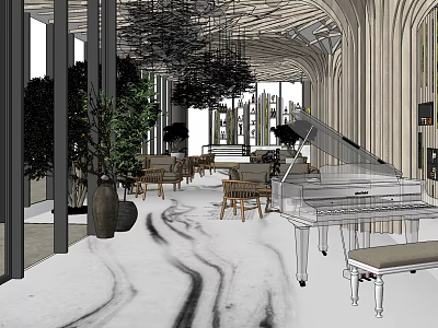 Elegant Hotel Public Lounge With White Grand Piano Lush Green Plants And Marble Floor 3d model