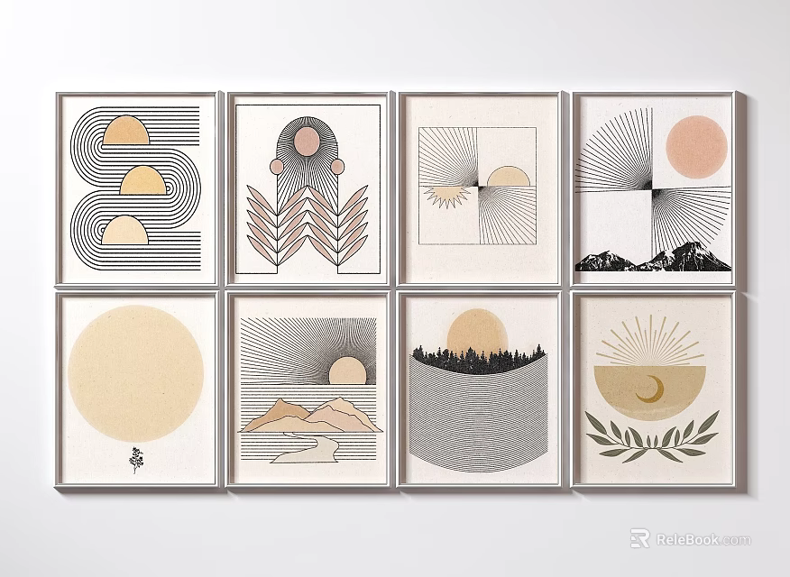 Geometric Decorative Wall Art With Sun Mountain Plant Elements Modern Minimalist Design 3d model