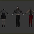 Three Character Models Wearing Various Fashion Outfits Including Gray Dress Brown Top And Red Pants