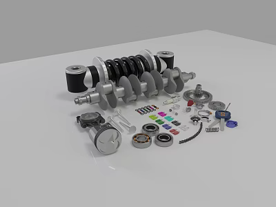 Automotive Engine Parts Collection Including Crankshaft Piston Bearings Chain Gears And Sprockets 3d model