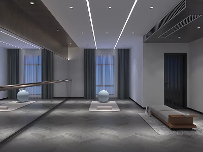 Modern Fitness Studio With Yoga Barre Mirrored Walls And Exercise Mats 3d model