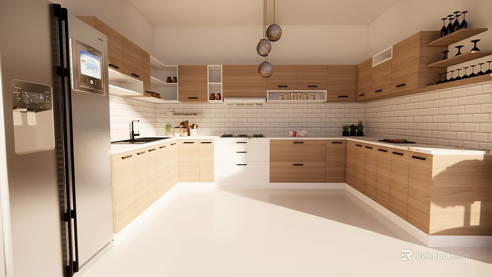 Modern Kitchen Interior Design With Wooden Cabinets White Countertops And Pendant Lights 3d model 