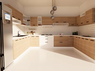 Modern Kitchen Interior Design With Wooden Cabinets White Countertops And Pendant Lights 3d model