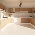 Modern Kitchen Interior Design With Wooden Cabinets White Countertops And Pendant Lights