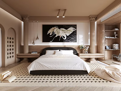 Modern Bedroom Interior With White Bed Sheets Black Headboard And Crane Painting Columns 3d model