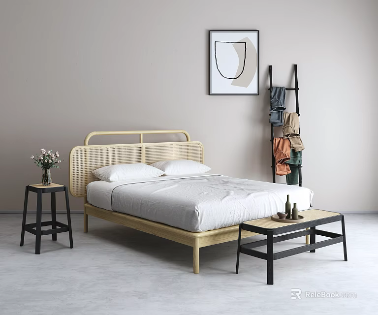 Double Bed With Rattan Headboard White Bedding Side Tables Wall Art And Clothing Rack 3d model 
