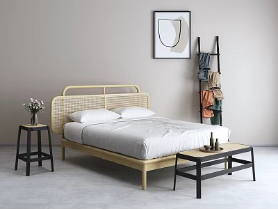 Double Bed With Rattan Headboard White Bedding Side Tables Wall Art And Clothing Rack 3d model