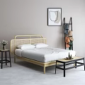 Double Bed With Rattan Headboard White Bedding Side Tables Wall Art And Clothing Rack