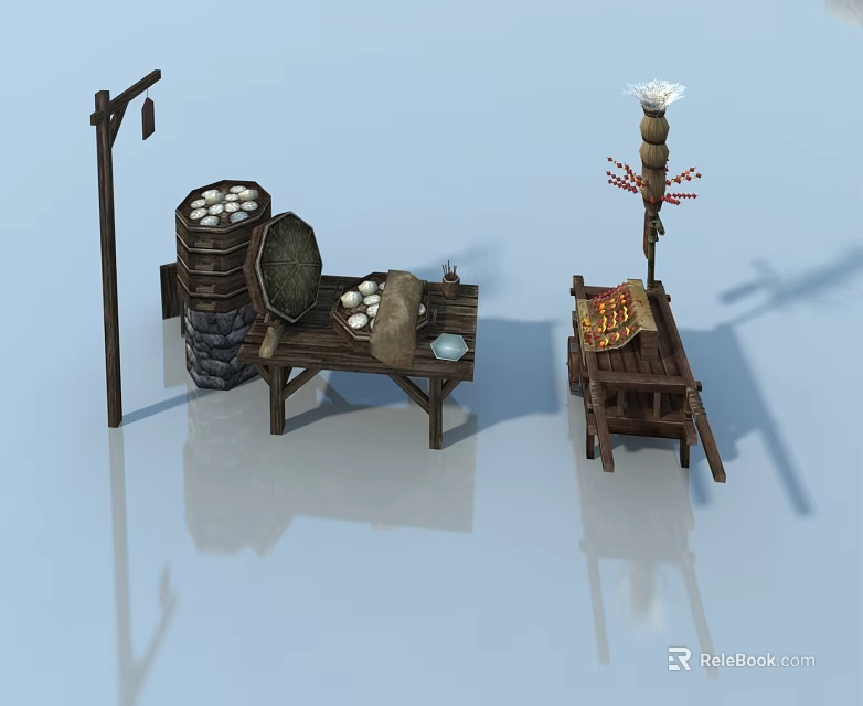 Traditional Wooden Swing Door With Vintage Barrel Cart And Lantern Decor 3d model 