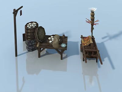 Traditional Wooden Swing Door With Vintage Barrel Cart And Lantern Decor 3d model