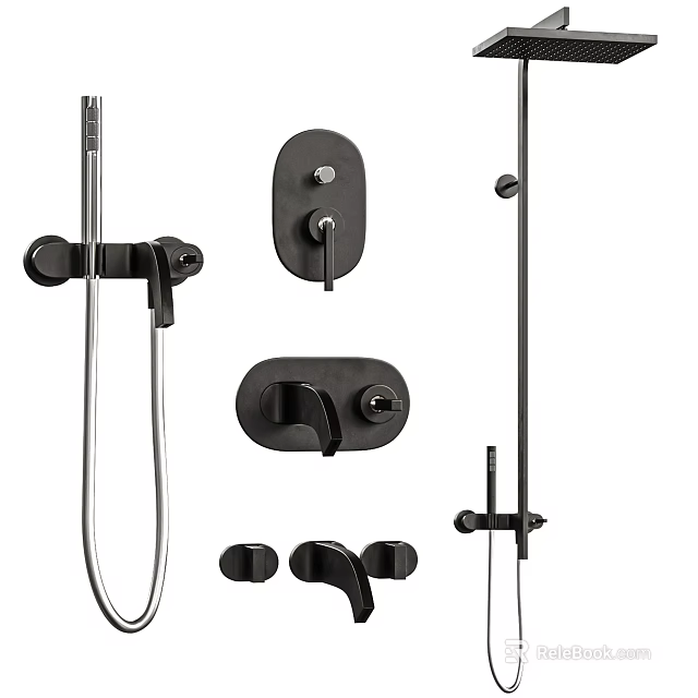 Modern Black Shower System With Handheld Fixed Head Control Knobs And Bar 3d model 