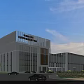 Modern Industrial Factory Exterior With Glass Curtain Wall Steel Structure Parking Area And Green Landscaping
