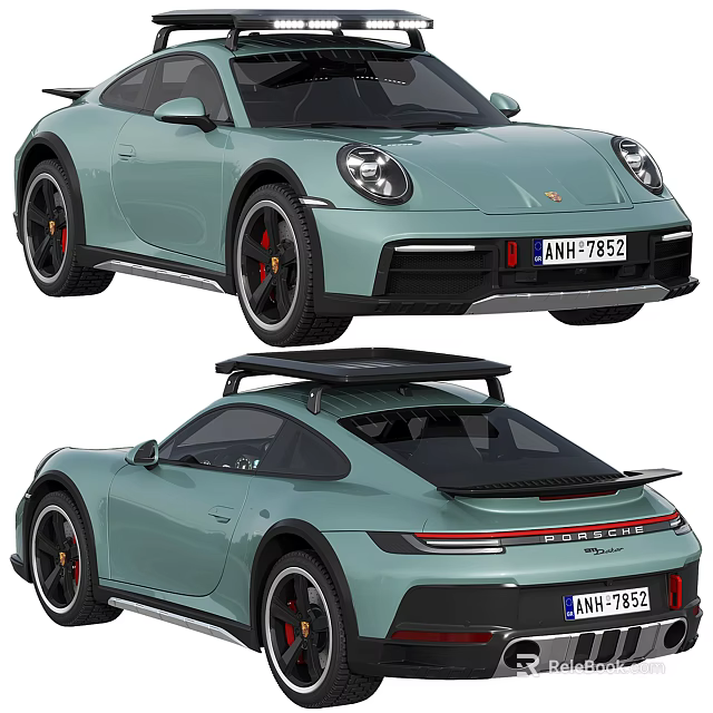 Light Green Porsche 911 Sports Car With Black Roof Rack And Red Brake Calipers 3d model 