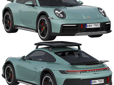 Light Green Porsche 911 Sports Car With Black Roof Rack And Red Brake Calipers 3d model