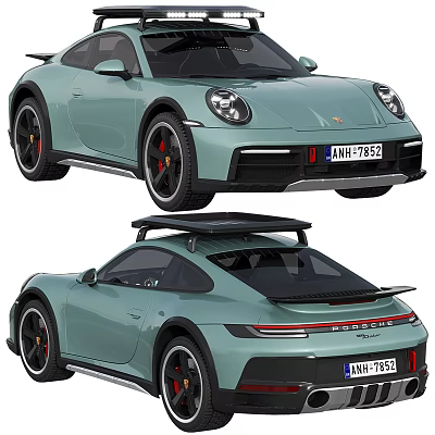 Light Green Porsche 911 Sports Car With Black Roof Rack And Red Brake Calipers 3d model