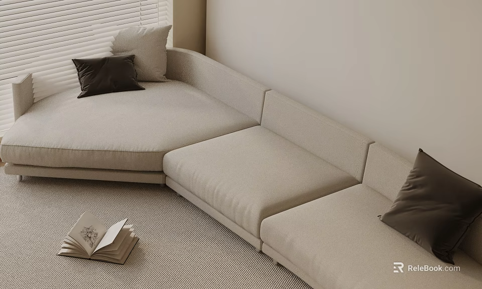 Modern Beige Three Seater Sectional Sofa With Black Beige Pillows On Area Rug Open Book 3d model 