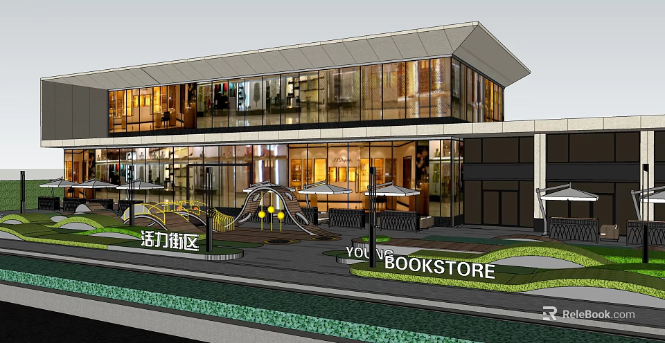 Modern Square Landscape Featuring YOT BOOKSTORE Modern Building Glass Facade And Green Lawn 3d model 