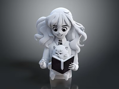 Cute White Doll With Long Curly Hair Holding Cat And Open Book 3d model
