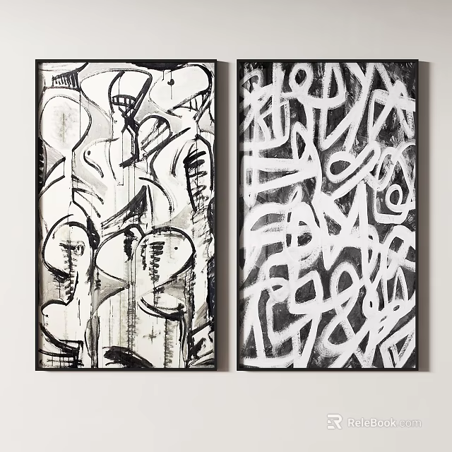 Two Black And White Abstract Paintings With Geometric Lines And Abstract Forms 3d model