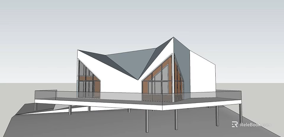 Modern Detached Villa With Geometric Roof Large Glass Windows Wooden Frames And White Exterior 3d model 