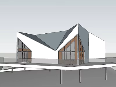 Modern Detached Villa With Geometric Roof Large Glass Windows Wooden Frames And White Exterior 3d model