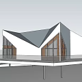 Modern Detached Villa With Geometric Roof Large Glass Windows Wooden Frames And White Exterior