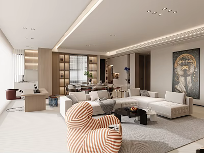 Modern Living Dining Room Interior With Sofa Chair Decorative Art And Ceiling Lighting 3d model