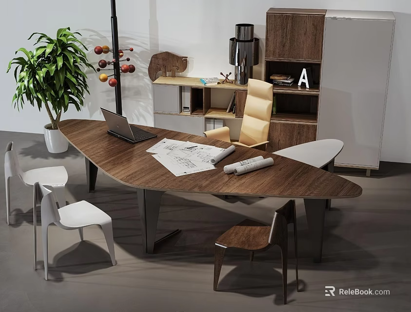 Modern Wooden Office Desk With Laptop Blueprints Chairs And Potted Plant 3d model 