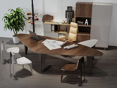 Modern Wooden Office Desk With Laptop Blueprints Chairs And Potted Plant 3d model