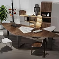 Modern Wooden Office Desk With Laptop Blueprints Chairs And Potted Plant