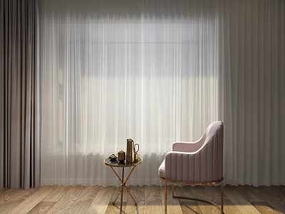 Elegant Pink Accent Chair with Side Table Tea Set by Light Curtains on Wooden Floor 3d model