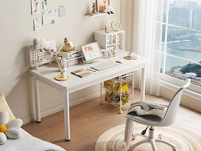 White Kids Desk with Stationery Rolling Storage Cart Chair Near Window City View 3d model