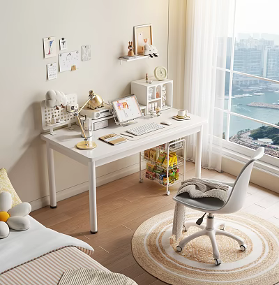 White Kids Desk with Stationery Rolling Storage Cart Chair Near Window City View 3d model