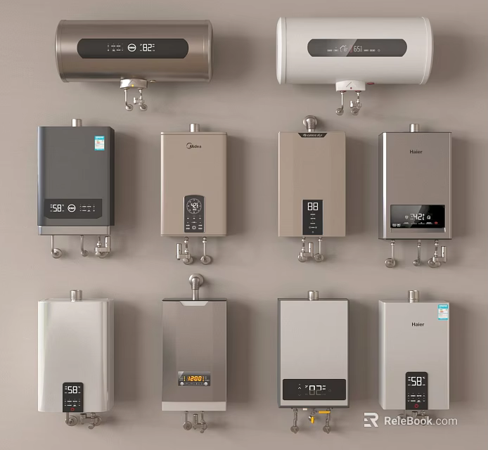 Wall Mounted Household Water Heaters With Various Designs And Digital Displays 3d model 