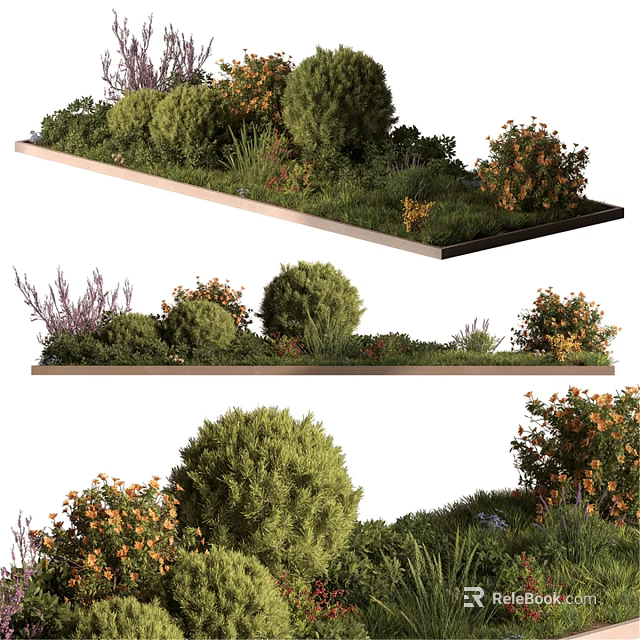 Decorative Ornament Set with Green Plants Bushes Flower Clusters and Grass 3d model 