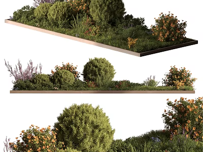 Decorative Ornament Set with Green Plants Bushes Flower Clusters and Grass 3d model