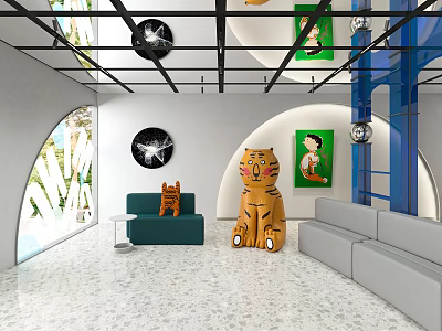 Modern Entertainment Room Interior With Tiger Plush Toy Green Sofa Art Paintings And Arched Window 3d model
