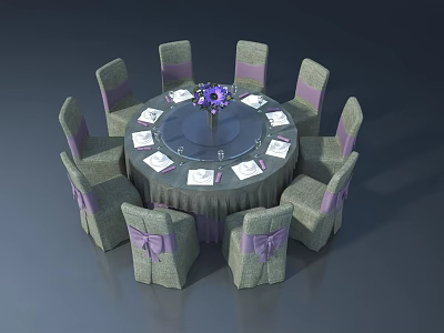 Elegant Round Dining Table With Gray Purple Chairs And Purple Flower Bouquet 3d model