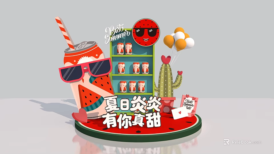 Sweet Summer Decorative Scene With Watermelon Can Cactus Balloons And Cups 3d model 
